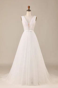 Elegante A Linha V Pescoço Marfim Destacável Watteau Train Tulle Vestido de Noiva