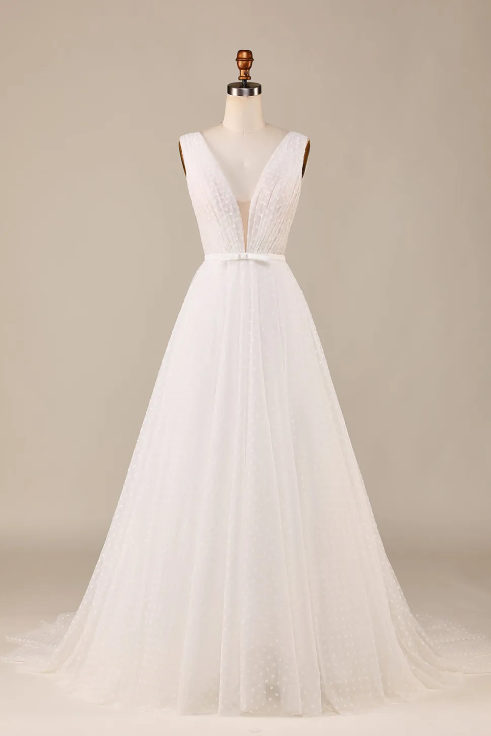 Elegante A Linha V Pescoço Marfim Destacável Watteau Train Tulle Vestido de Noiva