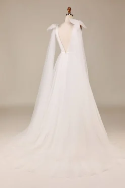 Elegante A Linha V Pescoço Marfim Destacável Watteau Train Tulle Vestido de Noiva