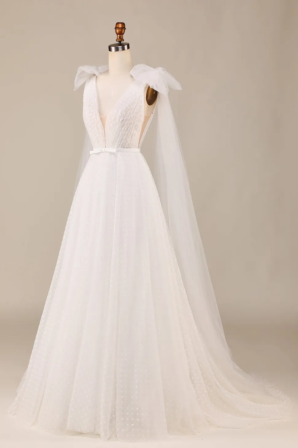Elegante A Linha V Pescoço Marfim Destacável Watteau Train Tulle Vestido de Noiva