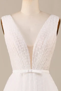 Elegante A Linha V Pescoço Marfim Destacável Watteau Train Tulle Vestido de Noiva