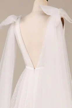 Elegante A Linha V Pescoço Marfim Destacável Watteau Train Tulle Vestido de Noiva