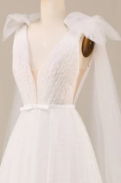 Elegante A Linha V Pescoço Marfim Destacável Watteau Train Tulle Vestido de Noiva