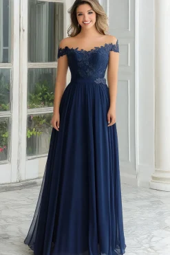 Elegante A-Line Navy Off the Shoulder Chiffon Long Mother Of the Bride Dress with Lace Appliques