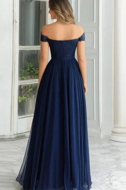Elegante A-Line Navy Off the Shoulder Chiffon Long Mother Of the Bride Dress with Lace Appliques