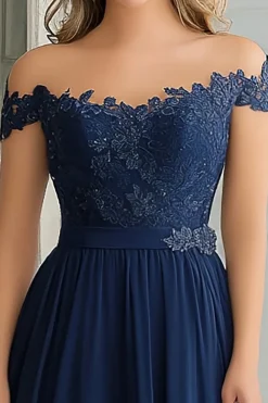 Elegante A-Line Navy Off the Shoulder Chiffon Long Mother Of the Bride Dress with Lace Appliques