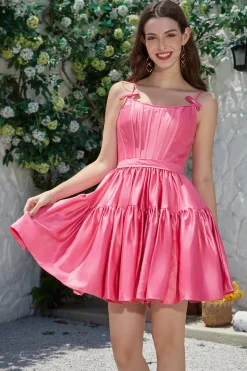 Elegante A-Line Spaghetti Correias Fuchsia Short Homecoming Dress com Bowknot