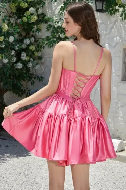 Elegante A-Line Spaghetti Correias Fuchsia Short Homecoming Dress com Bowknot