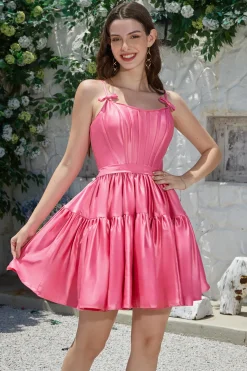 Elegante A-Line Spaghetti Correias Fuchsia Short Homecoming Dress com Bowknot