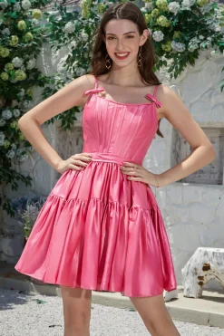 Elegante A-Line Spaghetti Correias Fuchsia Short Homecoming Dress com Bowknot