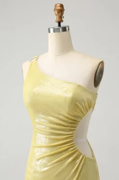 Elegante amarelo bodycon um ombro curto homecoming vestido com oco para fora