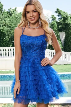 Elegante Azul Uma Linha Esparguete Correias Tule Homecoming Dress com Folhos