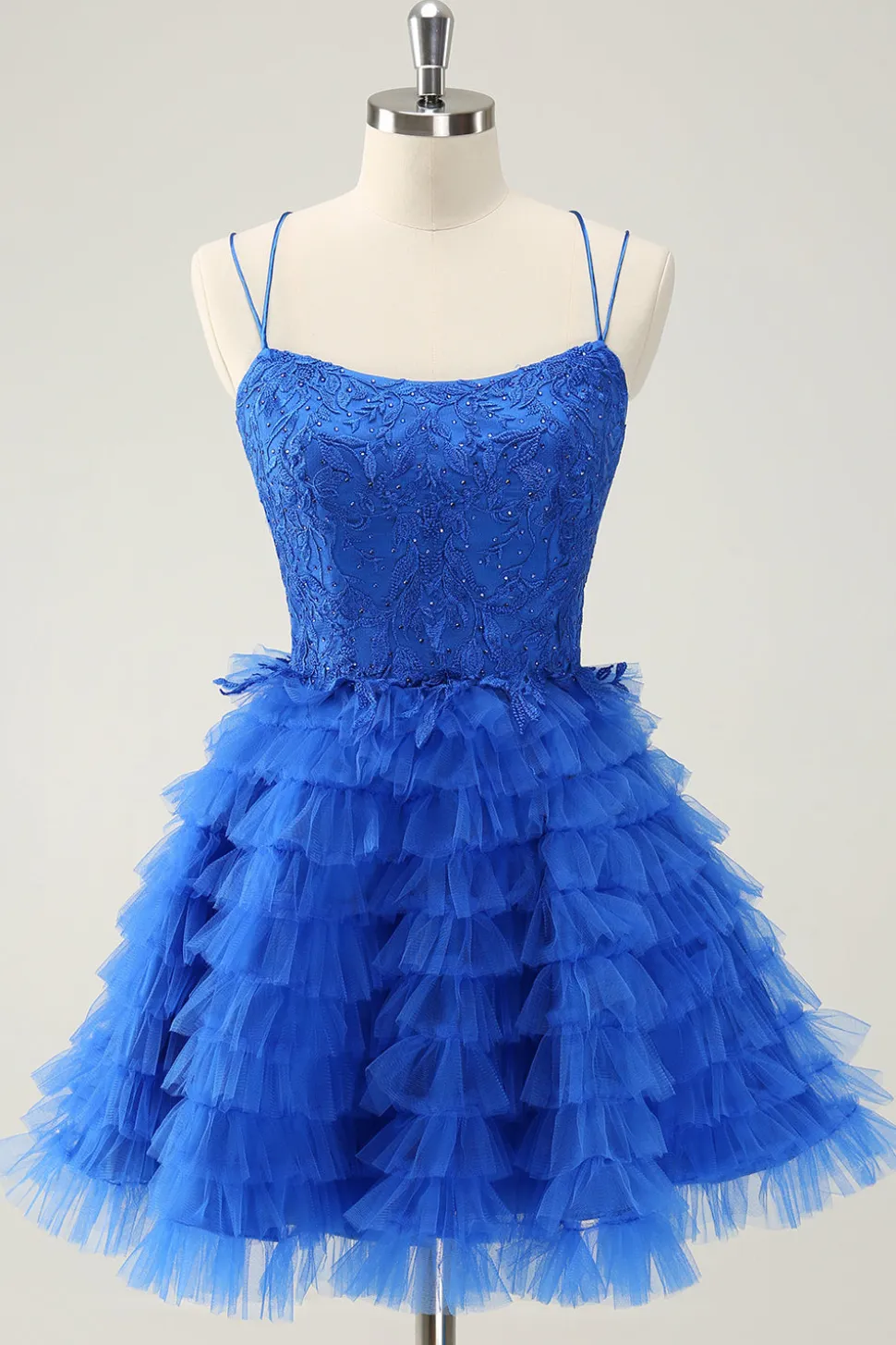 Elegante Azul Uma Linha Esparguete Correias Tule Homecoming Dress com Folhos