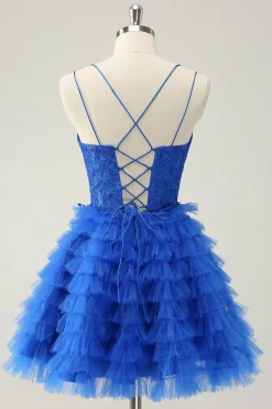 Elegante Azul Uma Linha Esparguete Correias Tule Homecoming Dress com Folhos