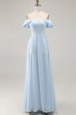 Elegante bainha azul céu fora do ombro Chiffon Long mãe da noiva com apliques