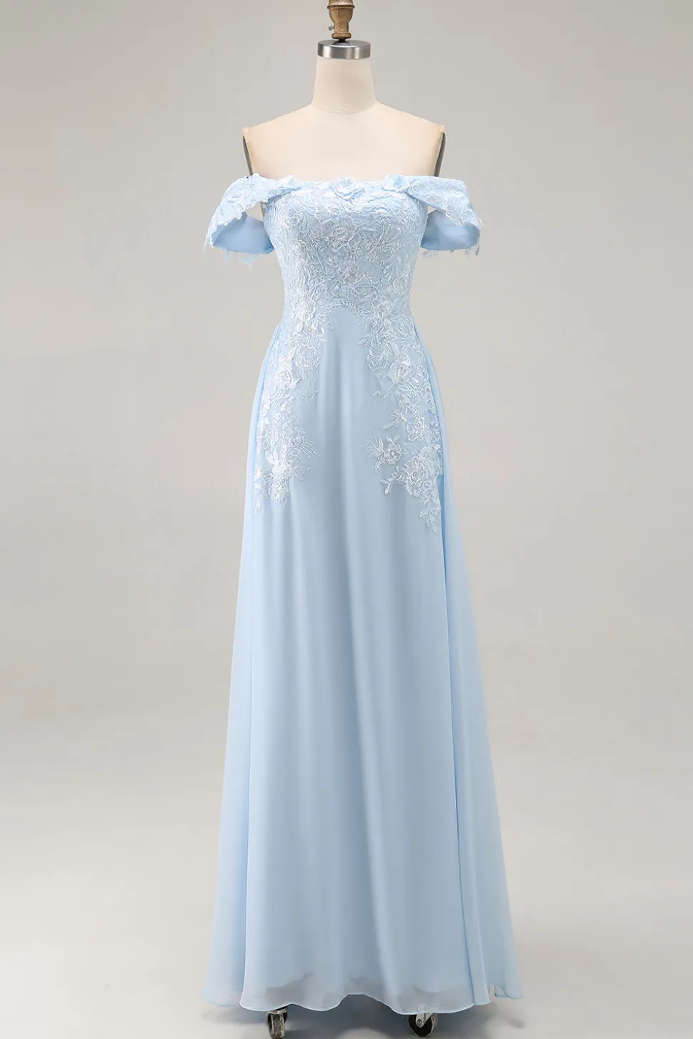 Elegante bainha azul céu fora do ombro Chiffon Long mãe da noiva com apliques