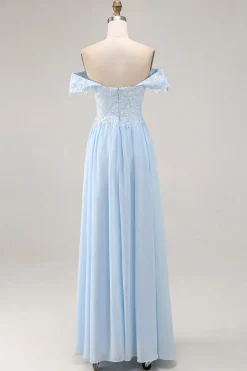 Elegante bainha azul céu fora do ombro Chiffon Long mãe da noiva com apliques