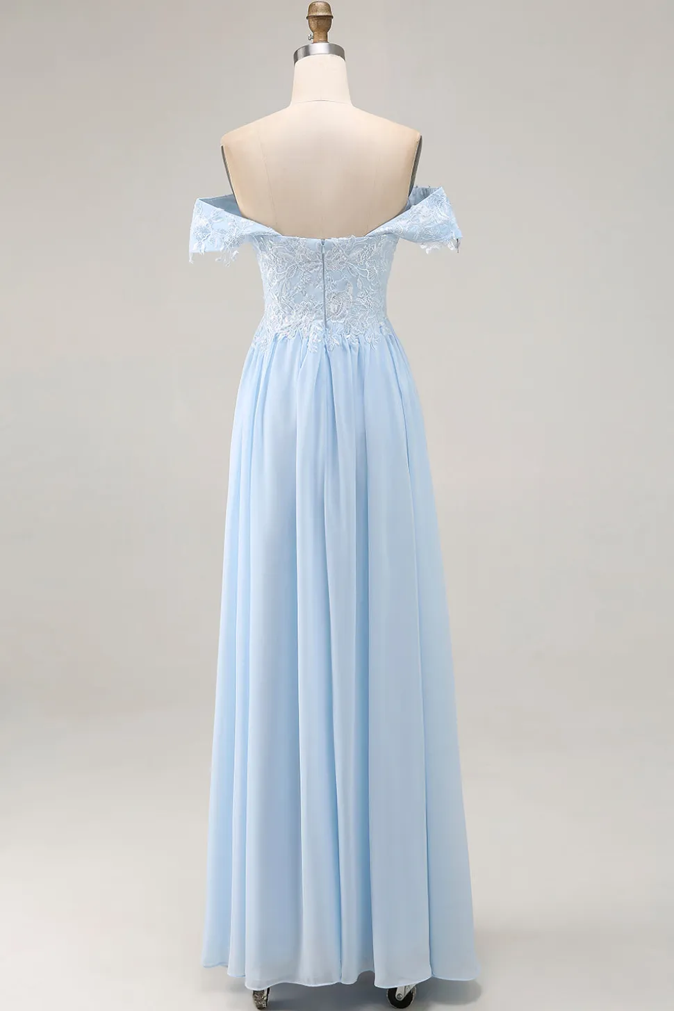 Elegante bainha azul céu fora do ombro Chiffon Long mãe da noiva com apliques