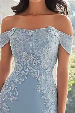 Elegante bainha azul céu fora do ombro Chiffon Long mãe da noiva com apliques