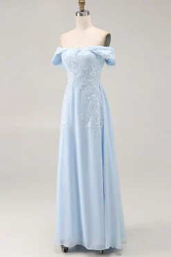 Elegante bainha azul céu fora do ombro Chiffon Long mãe da noiva com apliques