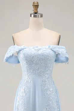 Elegante bainha azul céu fora do ombro Chiffon Long mãe da noiva com apliques