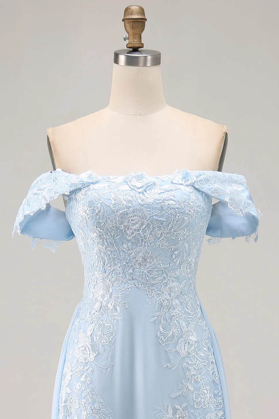 Elegante bainha azul céu fora do ombro Chiffon Long mãe da noiva com apliques