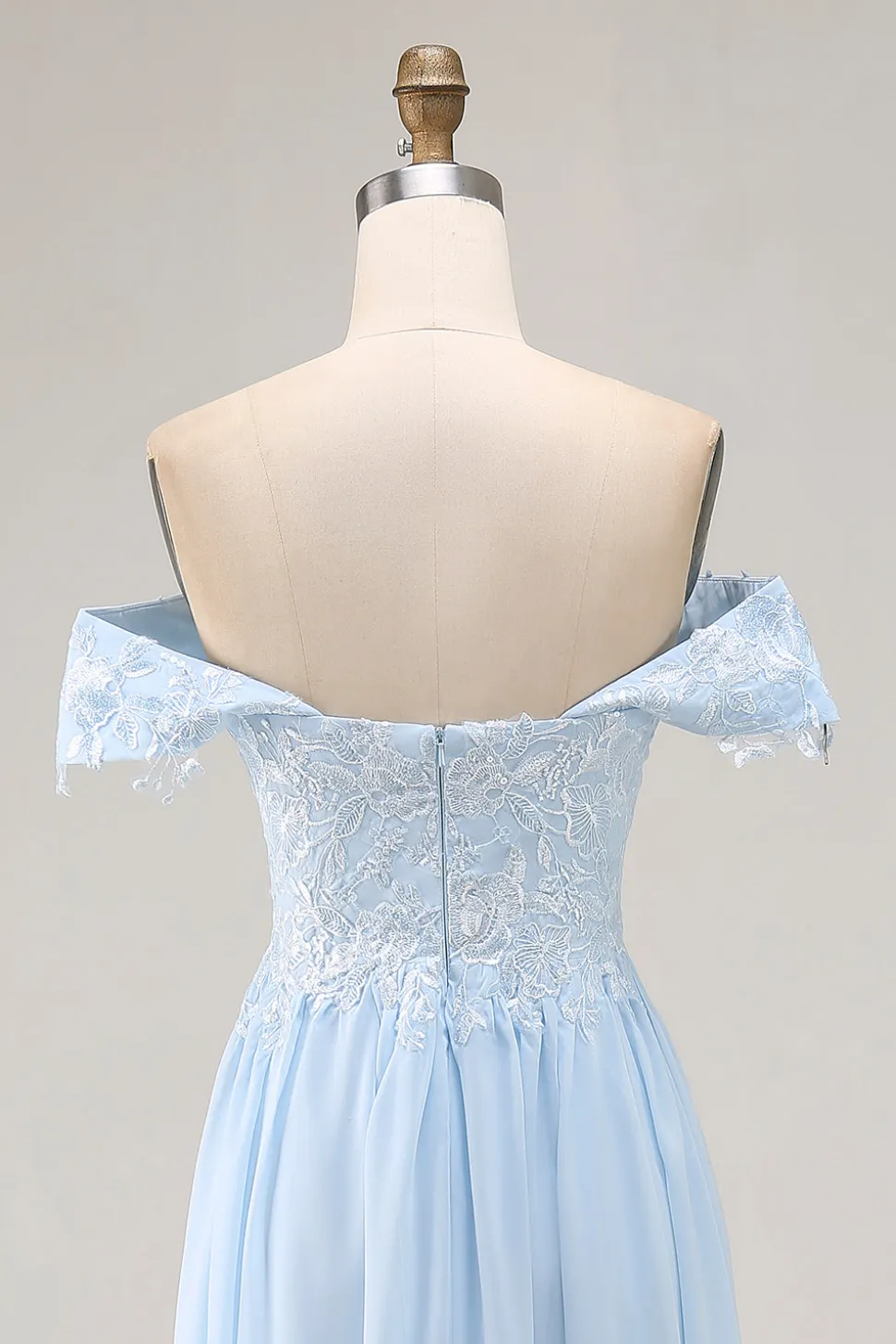 Elegante bainha azul céu fora do ombro Chiffon Long mãe da noiva com apliques