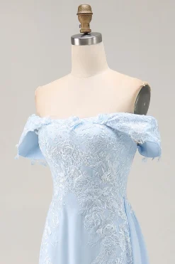 Elegante bainha azul céu fora do ombro Chiffon Long mãe da noiva com apliques
