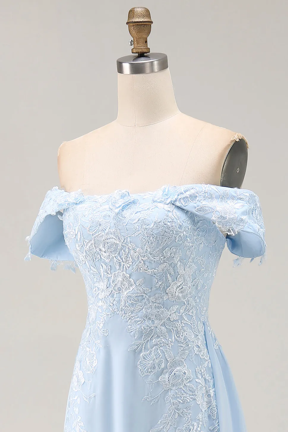 Elegante bainha azul céu fora do ombro Chiffon Long mãe da noiva com apliques