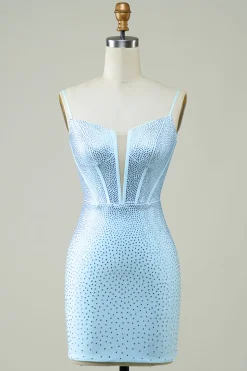 Elegante bainha espaguete alças azul curto homecoming vestido com frisos