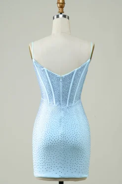 Elegante bainha espaguete alças azul curto homecoming vestido com frisos