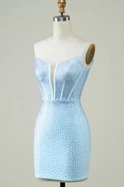 Elegante bainha espaguete alças azul curto homecoming vestido com frisos