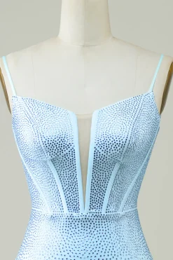 Elegante bainha espaguete alças azul curto homecoming vestido com frisos