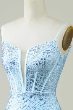 Elegante bainha espaguete alças azul curto homecoming vestido com frisos