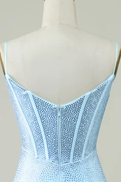 Elegante bainha espaguete alças azul curto homecoming vestido com frisos