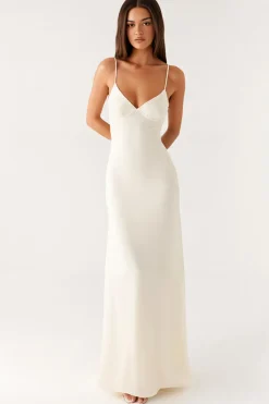 Elegante bainha marfim espaguete alças vestido de noite