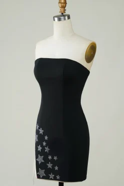 Elegante bainha sem alças preto curto homecoming vestido com Tassel