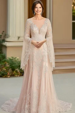 Elegante bege uma linha Flutter manga mãe de vestido de noiva com apliques de renda
