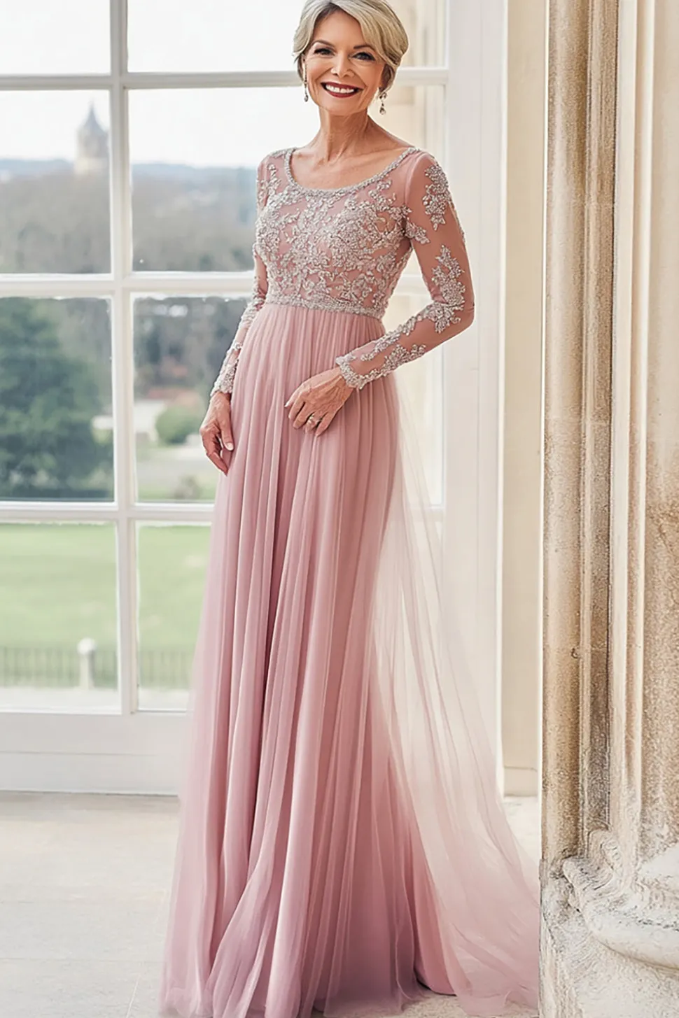 Elegante Blush Boat Neck Applique Bainha Longa Mãe da Noiva com Mangas Longas