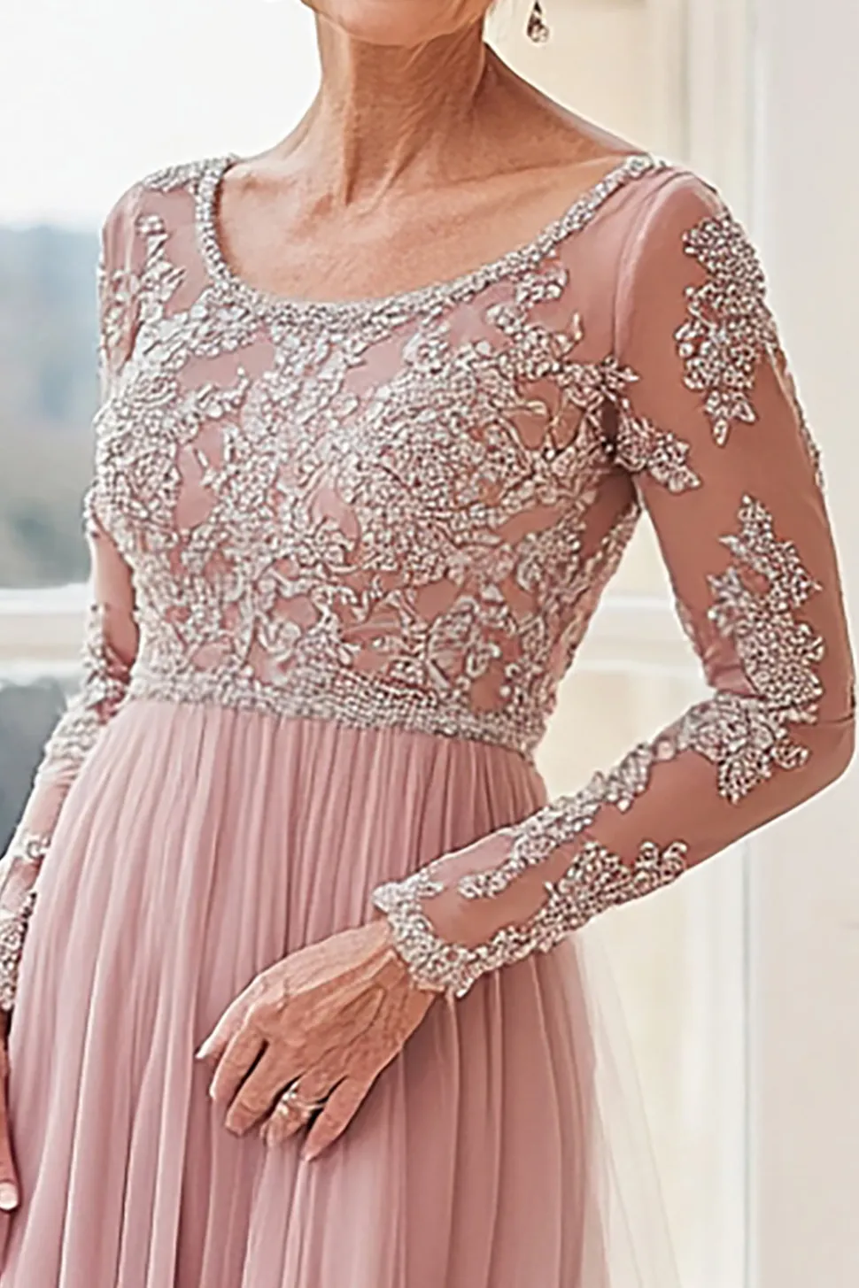 Elegante Blush Boat Neck Applique Bainha Longa Mãe da Noiva com Mangas Longas