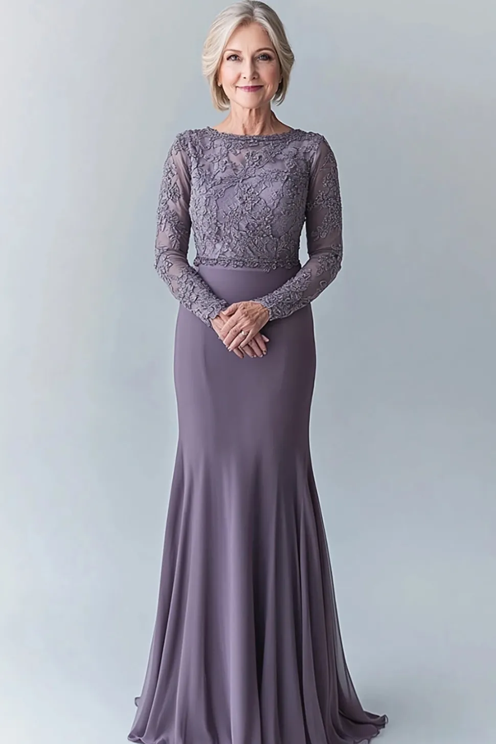 Elegante Bodycon cinza de aço mãe do vestido de noiva com apliques de renda
