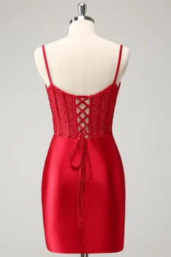 Elegante Bodycon Esparguete Correias Corset Cetim Vermelho Homecoming Dress com Fenda
