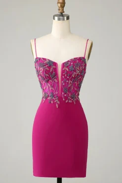 Elegante Bodycon Esparguete Correias Fuchsia Short Homecoming Dress com frisos