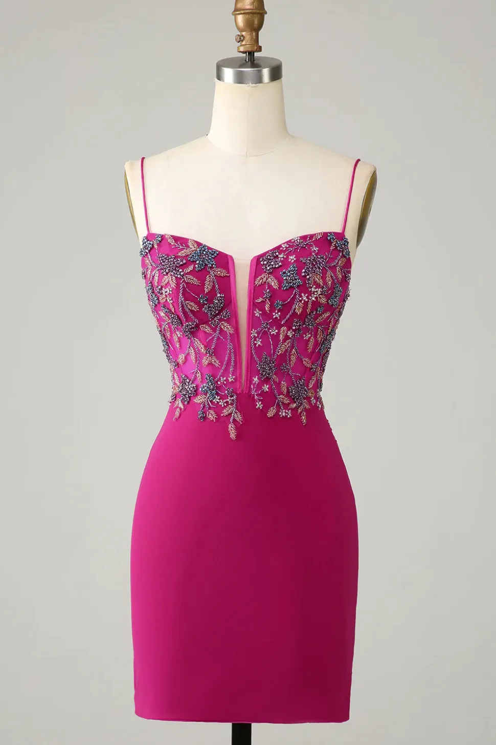 Elegante Bodycon Esparguete Correias Fuchsia Short Homecoming Dress com frisos