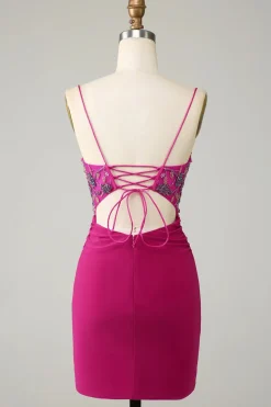 Elegante Bodycon Esparguete Correias Fuchsia Short Homecoming Dress com frisos