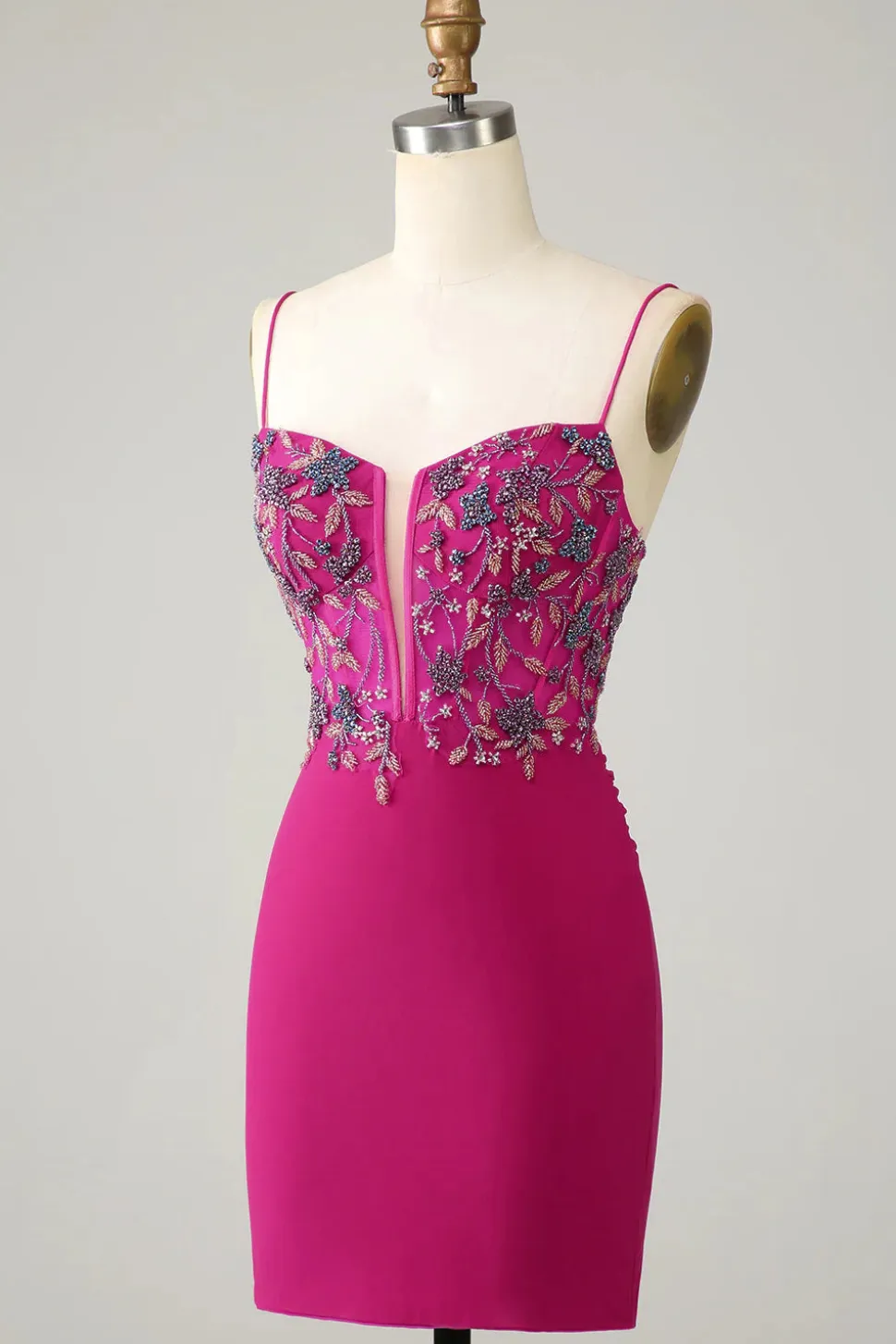 Elegante Bodycon Esparguete Correias Fuchsia Short Homecoming Dress com frisos
