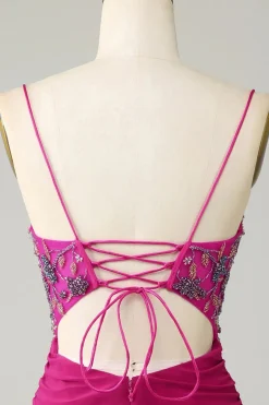 Elegante Bodycon Esparguete Correias Fuchsia Short Homecoming Dress com frisos