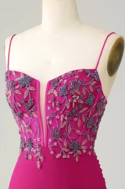 Elegante Bodycon Esparguete Correias Fuchsia Short Homecoming Dress com frisos