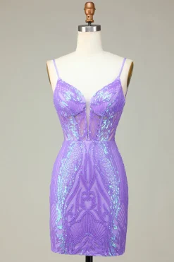 Elegante Bodycon Esparguete Correias Lilás Sequins Corset Homecoming Dress com Criss Cross Back