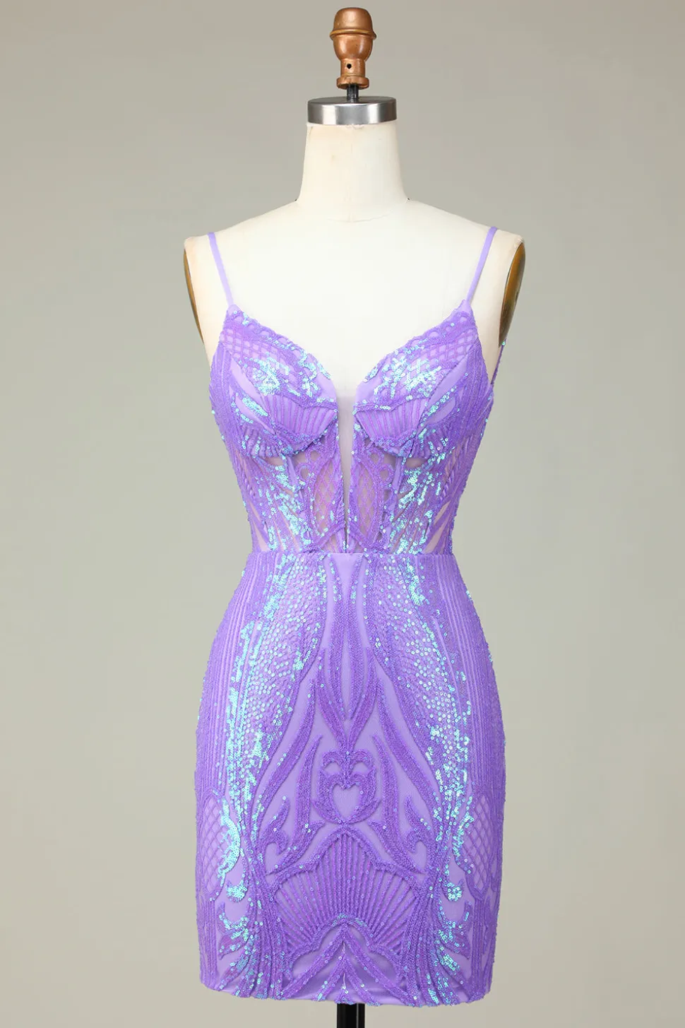 Elegante Bodycon Esparguete Correias Lilás Sequins Corset Homecoming Dress com Criss Cross Back